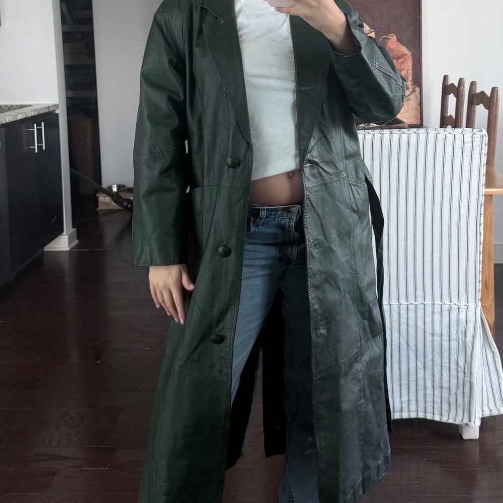 Vintage Maurices Forrest Green Genuine Leather Longline Trench Coat Size Small - Picture 2 of 14